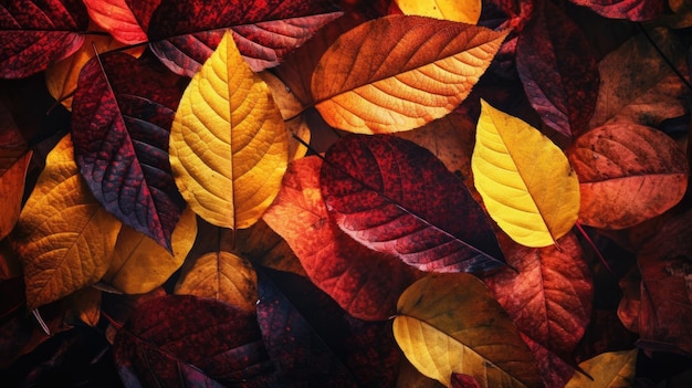 A close up of autumn leaves on a dark background