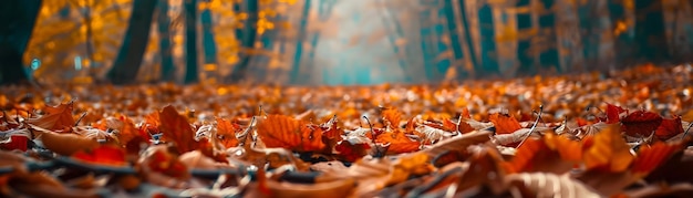 Photo close up of autumn leaves in a forest realistic photo