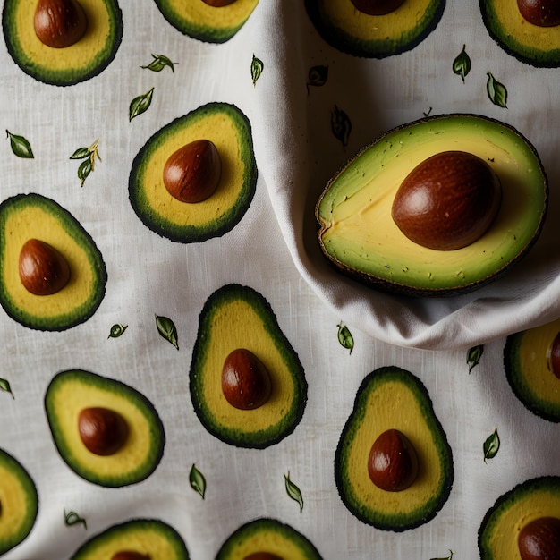 Photo a close up of an avocado on a cloth with a pattern of avocados on it