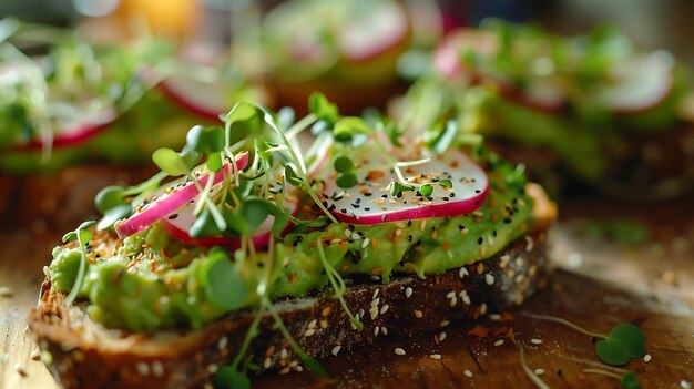 Photo close up of avocado toast with fresh pink parted radish slices and micro greens sprinkled on top