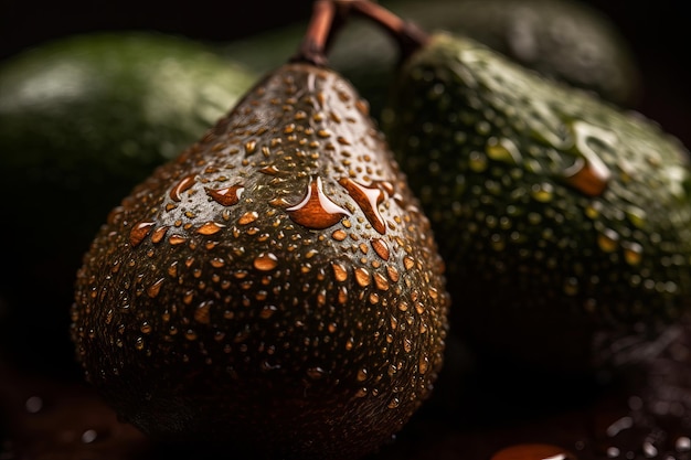 A close up of avocados with water droplets on them