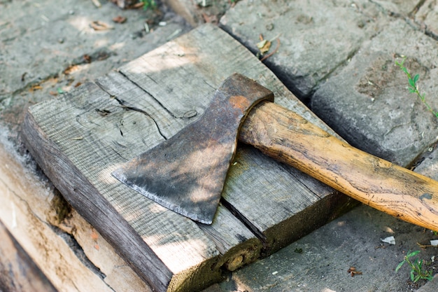 Close up axe on the ground