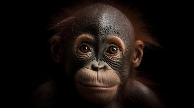 A close up of a baby orangutan face