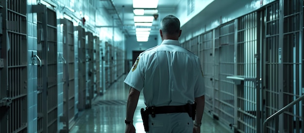 Close up Back view of a white security guard in uniform walks through the prison hallway