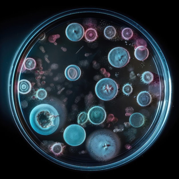 Close up of bacteria and virus cells in science laboratory sample dish for serum