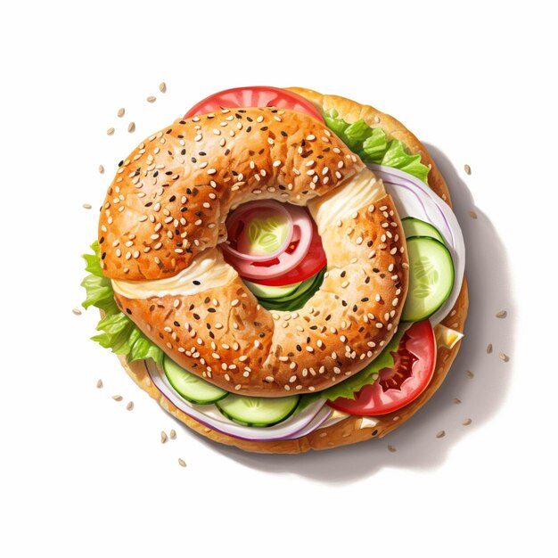 A close up of a bagel with a variety of vegetables on it generative ai