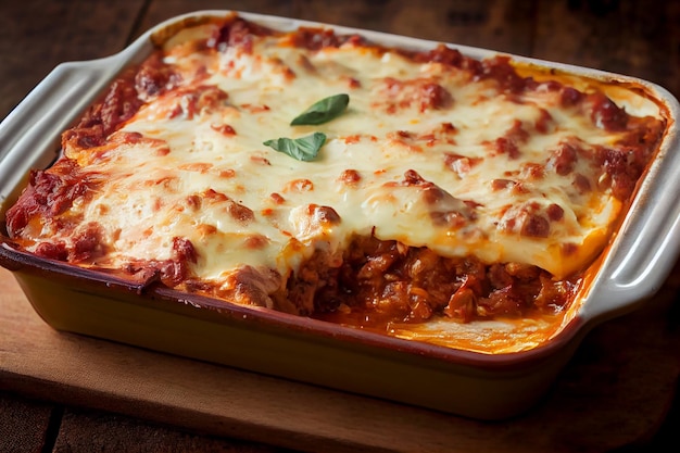 Close up of baked lasagna with bolognese sauce generative AI