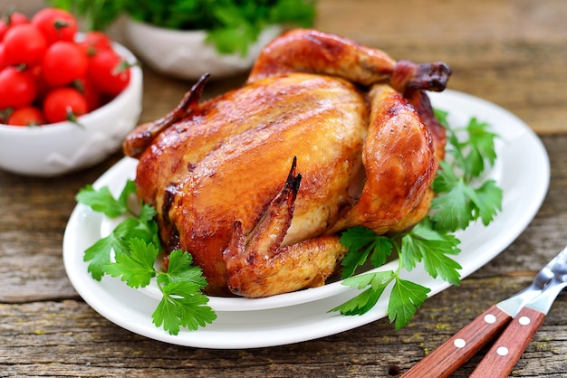 Close-up of a baked whole chicken