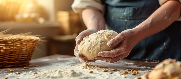 Photo close up of a bakers hands kneading dough