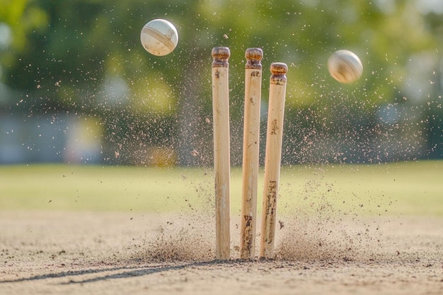 Photo close up of ball hitting stumps and bails flying of