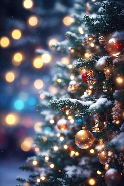 Close up of balls on christmas tree Bokeh garlands in the background New Year concept