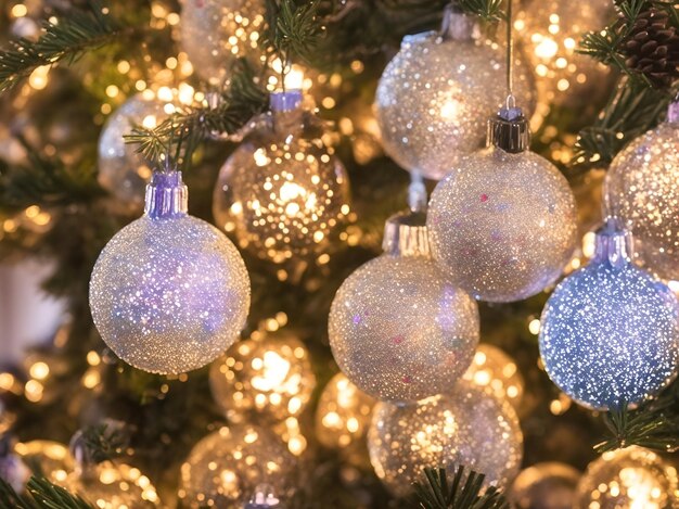 Close up of balls on christmas tree Bokeh garlands in the background New Year concept