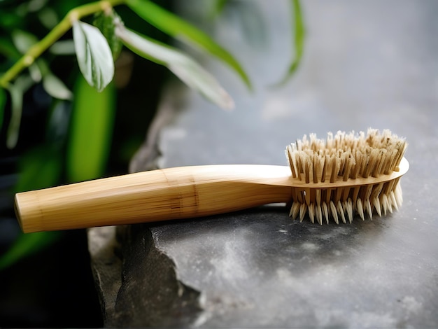 Close Up of Bamboo Handle and Bristles on Natural Stone Surface