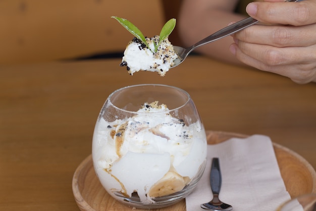 Close up of Banoffee in a glass jar