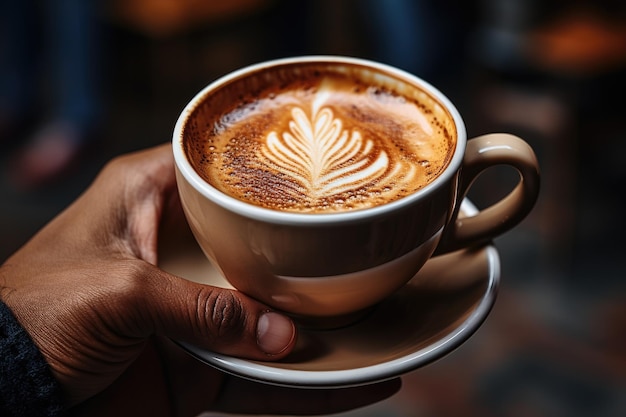 Close up of barista hand holding fresh made cappuccino or latte cup in coffee shop Coffee cup in cafe