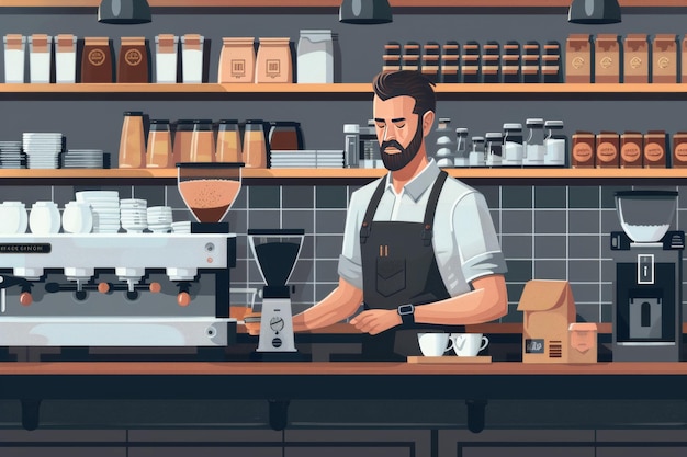 Close Up of a Barista in a Modern Cafe with Industrial Decor and Professional Equipment