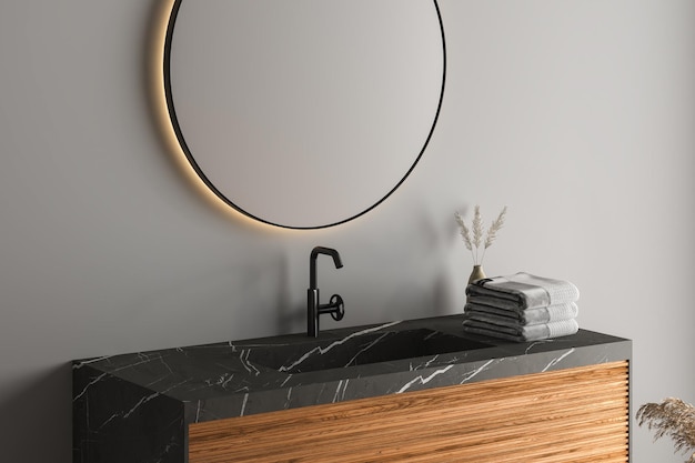 Close up of basin with oval mirror standing in on grey wall, wood cabinet with black faucet.