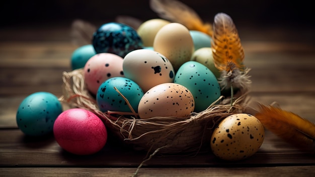 A close up of a basket of easter eggs with a feather in the background