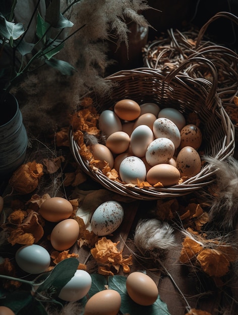 a close up of a basket of eggs on a table generative ai