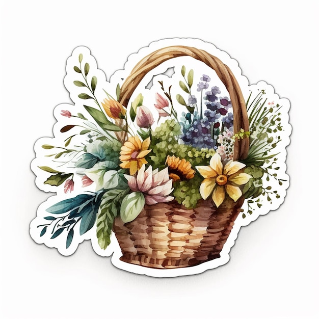 A close up of a basket with flowers on a white background generative ai