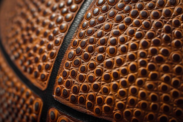 A close up of a basketball with a brown and black pattern