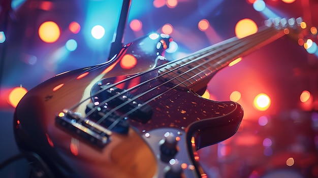 a close up of a bass guitar with a christmas lights in the background