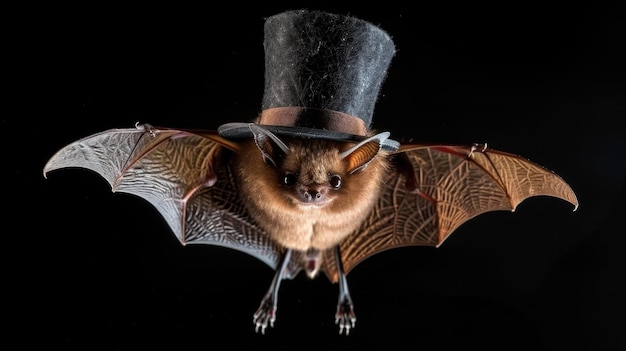 Photo close up of a bat with wings spread wearing a top hat in a dark setting concept of gothic spooky and halloween imagery