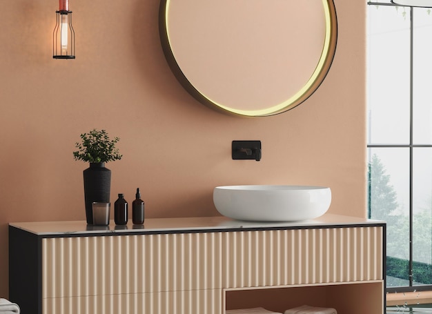 Close up of bathroom furniture with  accessories. Oval mirror is hanging on a beige tone wall.