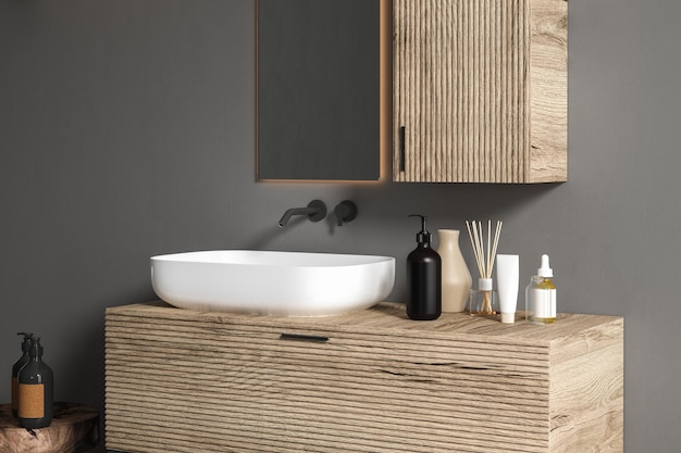 Close up of  bathroom furniture with white sink, accessories, gray wall, . Square mirror is hanging