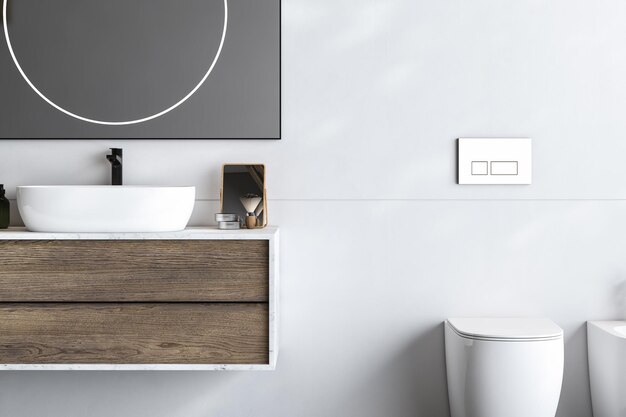 Close up bathroom furniture with white sink accessories hanging on white wall Square mirror is hanging on wall toilet Stand for cosmetics copy space interior plant 3d rendering