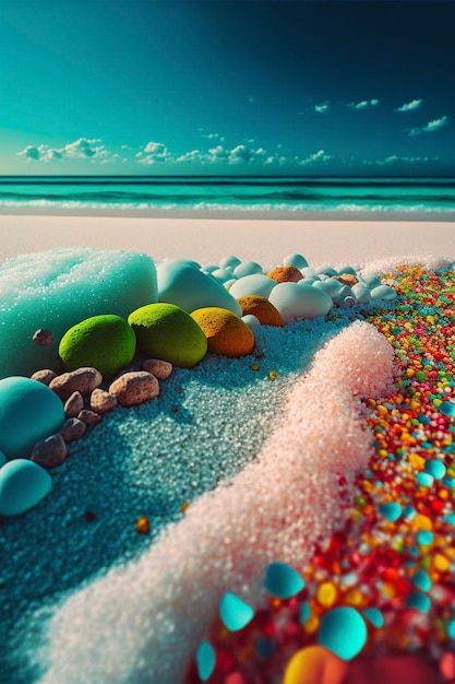 Close up of a beach with rocks and sprinkles generative ai