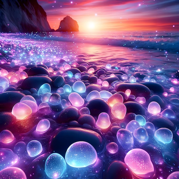 a close up of a Beautiful beach with a lot of rocks and a lot of jelly eggs magical beach colorful