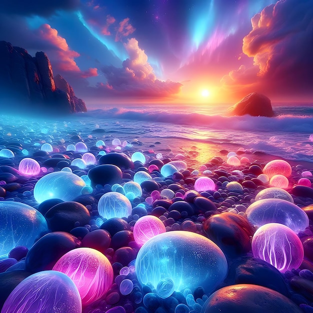 a close up of a Beautiful beach with a lot of rocks and a lot of jelly eggs magical beach colorful