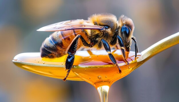 Close up of beautiful bee on honey spoon with ambercolored honey dripping high quality photo