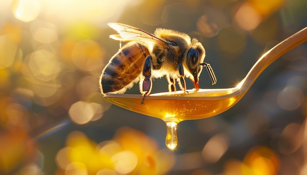 Close up of a beautiful bee perched on honey spoon with amber colored honey dripping