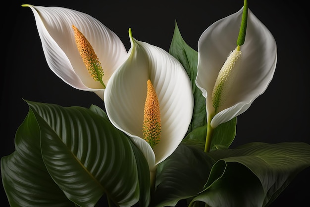 A close up of beautiful bright bouquet of Peace Lily flowers Generative AI