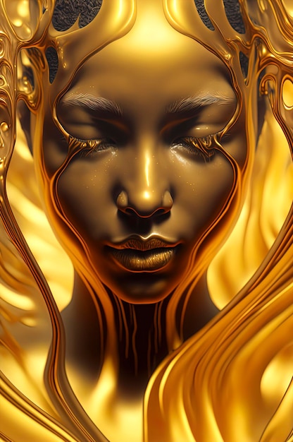 Close up of a beautiful curvaceous woman emerging from gold liquid pool