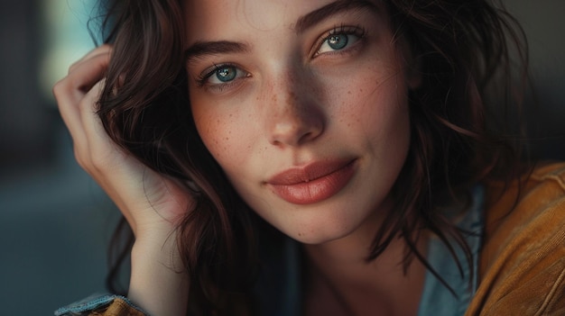 close up of beautiful female model with natural makeup and blue eyes