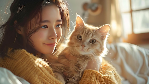 Photo close up beautiful girls posing with cat