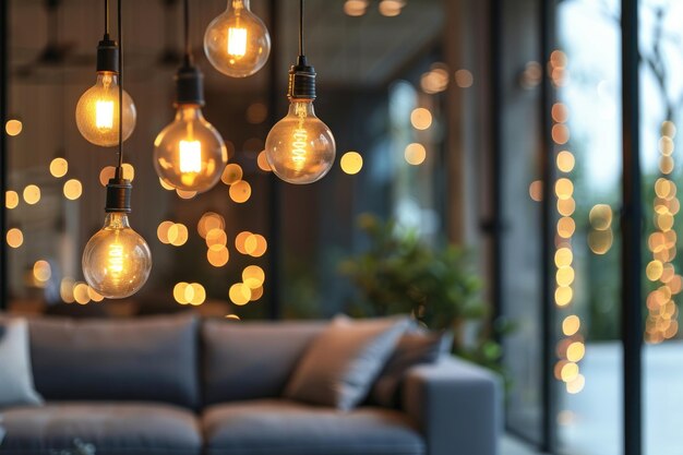 Photo close up of beautiful hanging lights in minimal interior living room banner wallpaper for lighting fixtures lamps