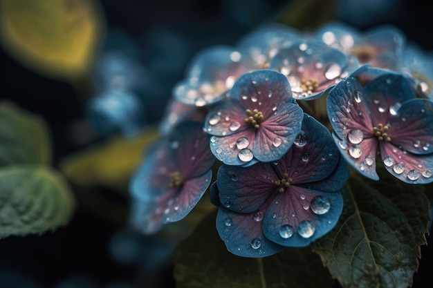 Close up of a beautiful hydrangea bush with dew drops Generative AI