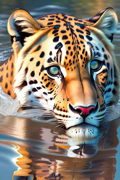 Close up beautiful leopard in water Dangerous predator in natural habitat Digital art