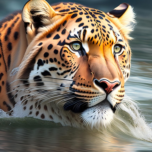 Close up beautiful leopard in water Dangerous predator in natural habitat Digital art