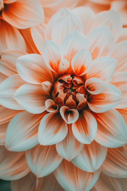 Close Up of Beautiful Orange and White Dahlia Flower39s Patterns and Petals in Full Bloom