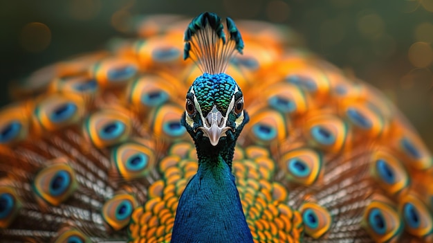 Close up beautiful peacock with feathers out blur background