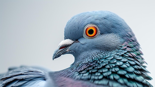 Close up of a beautiful pigeon with an orange eye on a gray background