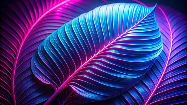 Close up Beautiful swirl leaf in neon light Minimalism retro style concept 80s Background pattern for design