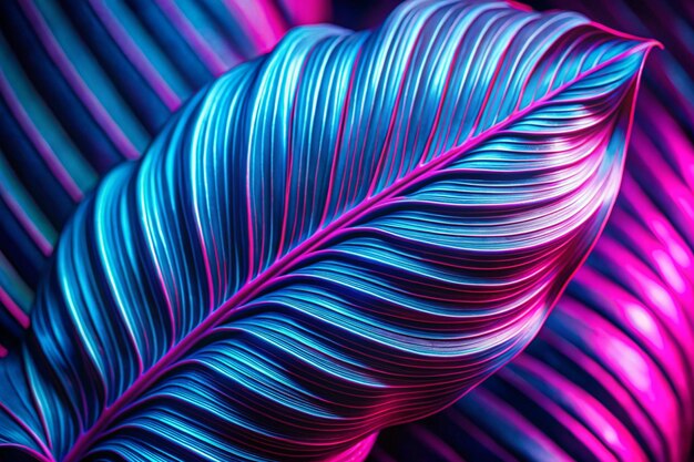 Close up Beautiful swirl leaf in neon light Minimalism retro style concept 80s Background pattern for design