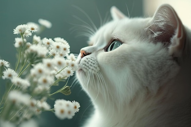 Close up of a beautiful white British cat smelling white gypsophila flowers