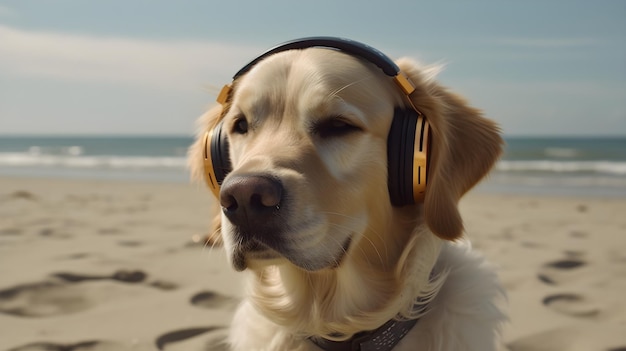 Close up beautiful white golden retriever dog wear a headphone and enjoying the music looking and staring at something at the beach background